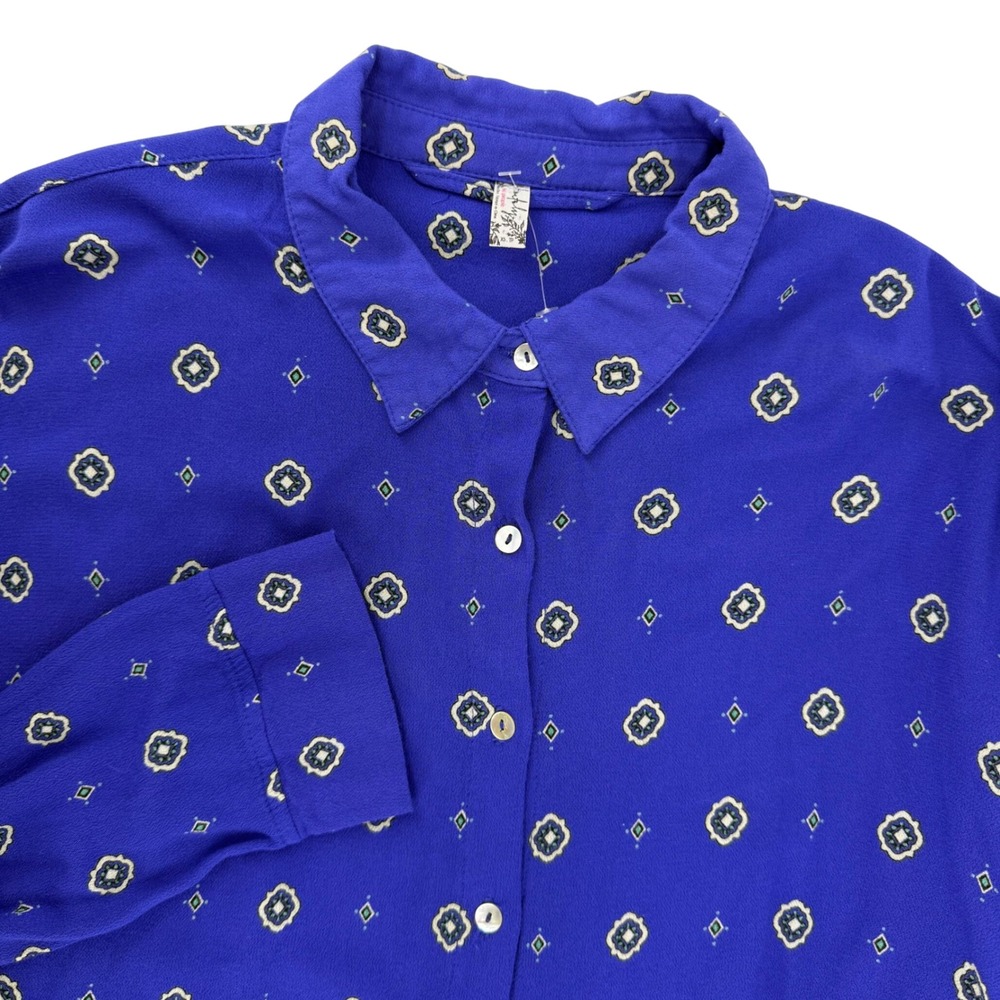 Intimately Free People Blue Medallion Printed Long Sleeve Button Up‎ Shirt Sz XS